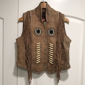 HOT LEATHERS - 100% Genuine Leather Western Motorcycle Vest w/ Beads & Fringe